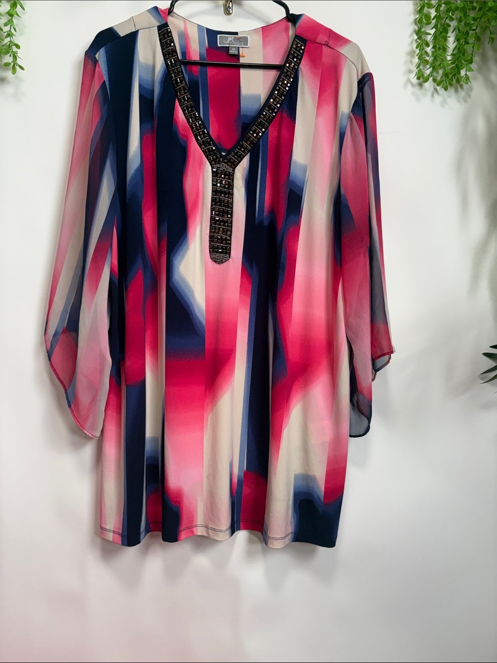 JM Collection Pink Navy Cream Abstract Beaded V-Neck Tunic